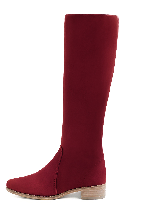 Burgundy red women's riding knee-high boots. Round toe. Low leather soles. Made to measure. Profile view - Florence KOOIJMAN